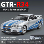 1/24 mastelio Nissan GTR-R34 lydinio automobilio modelis su autenti&scaron;kais garso efektais, auk&scaron;čiausios kokybės kolekcinis žaislas vaikams ir suaugusiems sidabras