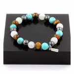 Pierres et Min&eacute;raux. Bracelet Perles H&eacute;matite + Oeil de Tigre + Pierre de lune + Turquoise Fabriqu&eacute; en France.