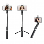 Daugiafunkcis belaidis &bdquo;BT Selfie Stick&ldquo; ne&scaron;iojamas i&scaron;traukiamas trikojo stovas su užpildymo lempute 104,5 cm juoda