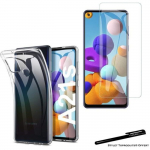 Verre tremp&eacute; pour samsung galaxy a21s et coque de protection souple transparente avec stylet toproduits&reg;