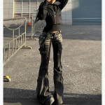 Juodi žemu liemeniu kargo džinsai, sendinti, su daug ki&scaron;enių, tamprios bootcut kelnės moterims, retro grunge gatvės drabužiai 3XL