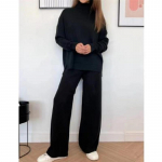 Rudens žiemos dviejų dalių moterų komplektai megztas sportinis kostiumas su kaklu megztinis tiesus bėgimo kelnių kostiumai M žalia