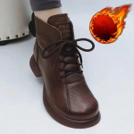 Vintažiniai trumpi batai rudeniui ir žiemai, apvalūs nėriniai, plok&scaron;ti termo batai žemai pakylantys mink&scaron;tos odos motininiai batai 39 ruda