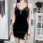 Tamsaus kryžiaus juoda mini suknelė Vintažinė seksuali spagečių juostele auk&scaron;tu juosmeniu su skeltuku suknelės Goth Party Club Moteri&scaron;ka suknelė XXXL juoda