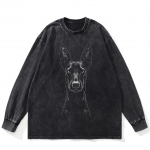 Streetwear Dobermann Graphic Washed juodi mar&scaron;kinėliai medvilniniai unisex plius dydžio ilgomis rankovėmis mar&scaron;kinėliai XL juoda