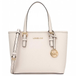 MICHAEL KORS Jet Set Travel Prekės ženklo logotipas Reguliuojamas nuimamas peties dirželis Odinė pirkinių rankinė Pirkinių rankinė Pirkinių krep&scaron;ys Peties rankinė Mini moteri&scaron;ka Kreminė ruda