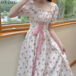HOUZHOU gėlėta vidutinio dydžio suknelė mergaitei, kvadratinė apykakle trumpomis rankovėmis korėjieti&scaron;ka miela kawaii eleganti&scaron;ka eleganti&scaron;ka fėjų suknelė