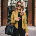 Moteri&scaron;ka pavasario rudens PU striukė su užtrauktuku, odinė madinga trumpi ploni, tvirti megztinio kostiumo vir&scaron;ūnės M geltona