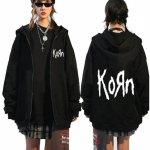 &bdquo;Korn Rock Band Letter&ldquo; logotipas Gobtuvas su užtrauktuku Moteri&scaron;kas metalinis gotikinis vintažinis negabaritinis gobtuvas su užtrauktuku Gatvės drabužiai Punk megztiniai Striukės L