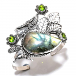 Labradorite, Peridot Gemstone 925 Sterling Silver Cuff Bangle Adjustable i0o37