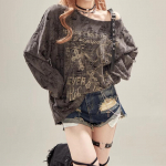 Y2k Gothic Grunge Tamsūs tu&scaron;čiaviduriai mar&scaron;kinėliai Moteri&scaron;ki Harajuku I&scaron;lenkti i&scaron; pečių Seksualūs mar&scaron;kinėliai rudeniniai pankrokai su raidžių spausdinimu S pilka