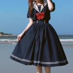 Nauja jūreivio apykaklės tamsiai mėlyna suknelė japoni&scaron;ka Lolita, miela lanko formos mergaitei Retro Kawaii Preppy stiliaus suknelė trumpomis rankovėmis moterims XL juoda
