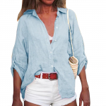 Moteri&scaron;ki vasariniai medvilniniai lininiai vienspalviai mar&scaron;kiniai septynių ta&scaron;kų rankovėmis, laisvi mar&scaron;kinėliai V formos kaklu M