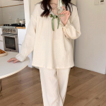 Medvilninės pižamos moteri&scaron;kos spaudos korėjieti&scaron;kos mielos mergaitės laisvalaikio V kaklo ilgomis rankovėmis laisvos Kawaii rudens ir žiemos miegui skirtos eleganti&scaron;kos tendencijos