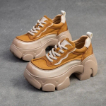 &bdquo;Johnature&ldquo; storapadžiai paauk&scaron;tinamieji siurbliai, natūralios odos suvarstomi universalūs, retro stiliaus moteri&scaron;ki batai su platforma 37 geltona