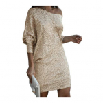 Moteri&scaron;ka suknelė su blizgučiais įstrižu kaklu, ant vieno peties didelio dydžio, trijų ketvirčių rankovėmis, laisva, seksuali vir&scaron; kelių, mini suknelė i&scaron;leistuvėms M &scaron;viesi