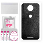 apgo Protective Skin Sticker for the back compatible with Motorola Moto C Plus, Wrap Film, Foil, Vinyl - Pattern Black Leather