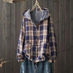 Moteri&scaron;ka japoni&scaron;ka korėjieti&scaron;ka plona striukė su gobtuvu Retro dvigubo sluoksnio medvilninių verpalų languota plius dydžio meni&scaron;ka retro laisvalaikio megztinė vir&scaron;utinė striukė One Size