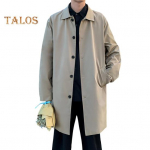 Vyri&scaron;kas nuo vėjo apsiaustas paltas atvartu ilgomis rankovėmis su dviguba krūtine su ki&scaron;enėmis, vienspalvis laisvas laisvalaikio vidutinio ilgio vir&scaron;utinis drabužis M chaki