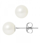 PERLINEA - Clous d'Oreilles - V&eacute;ritables Perles de Culture d'Eau Douce Rondes 7-8 mm Blanc Naturel - Bijoux Femme