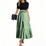 Moteri&scaron;ki mados kasdieniai su diržu trumpomis rankovėmis apvalaus kaklo geometrinio sujungimo eleganti&scaron;ko temperamento suknelės M