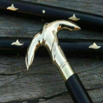 Vintažinės senovinės Viktorijos laikų dizainerio žalvarinės rankenos medinės lazdos, cukranendrių stiliaus M