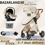BAZARLAND30.Poussette 3 en 1 B&eacute;b&eacute; Combin&eacute;e Si&egrave;ge-Auto Nacelle Trio R&eacute;versible R&eacute;glable Haute Qualit&eacute; Roues increvables . BLANC CASSE balta
