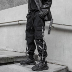 Juodos krovininės kelnės Vyri&scaron;ki bėgikai Cargo kelnės vyrams bėgiojantiems japoni&scaron;ka gatvės apranga Hip Hop Hippie Techwear gotikinė juostelė S juoda