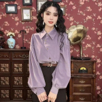 Rudens laisvalaikio laisvi rūbai Honkongo stiliaus Vintažiniai solidūs mar&scaron;kinėliai ilgomis rankovėmis Moteri&scaron;ki vir&scaron;ūnės Violetinė palaidinė Blusas Elegant 29832