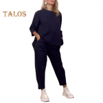 2 vnt./komplektas Moteri&scaron;ki megztiniai kelnių rinkinys apvaliu kaklu ilgomis rankovėmis Vir&scaron;utinė elastinga juosmens plačios kojos sportinės kelnės Sportinė apranga Rudens laisvalaikio rūbai važinėjant į darbą ir atgal M armijos žalia spalva