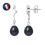 PERLINEA - Boucles d'Oreilles Ruban - Perles de Culture d'Eau Douce Poires 8-9 mm Black Tahiti - Or Blanc - Bijoux Femme