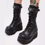 Moteri&scaron;ki auk&scaron;takulniai &bdquo;Cosplay&ldquo; batai iki blauzdos, auk&scaron;ti batai su plei&scaron;tais, 2024 m. rudens žiema Naujo dizaino gotikiniai batai moterims &bdquo;Botas&ldquo; 39 juoda
