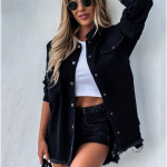 Moteri&scaron;ki džinsiniai mar&scaron;kiniai ilgomis rankovėmis, madingi, plė&scaron;yti, vidutinio ilgio, su sagomis, mar&scaron;kiniai, topai, laisvi mar&scaron;kiniai 'boyfriend' stiliaus XL juoda