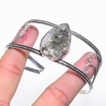 Natural Indian Moss Agate Gemstone 925 Sterling Silver Cuff Bangle Adj m0u66