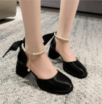 Madingi prancūzi&scaron;ki perlai Storas kulnas Auk&scaron;takulniai Bateliai Moteri&scaron;ki Nauji Rudens Retro Mary Jane Vienetiniai Batai Elegancija Moteri&scaron;ki vakarėlio suknelės batai 36 juoda