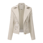 Moterų dirbtinės odos striukės su siuvinėtomis gėlėmis PU bomberis Striukė su įstrižu užtrauktuku Vir&scaron;utinis drabužis Ruduo Žiema Pavasaris Motociklininko striukė S pilk&scaron;vai balta