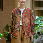 WoMan Retro spausdinti vir&scaron;utiniai drabužiai Stilingos pavasario-vasaros medvilninės striukės WoMan Stovintis sagų senovinis paltas one size raudona