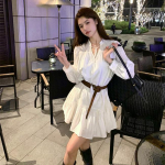 Retro stiliaus suknelė su diržu, moteri&scaron;ka korėjieti&scaron;ko &scaron;ifono suknelė Eleganti&scaron;ka vintažinė Kawaii midi suknelė, madinga trumpo V kaklo madinga suknelė S balta