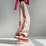 Rudeniniai sportiniai plačių kelnių galų dryžuoti moteri&scaron;ki auk&scaron;to liemens laisvi tiesaus kirpimo keliai kasdieniai &scaron;aunūs rai&scaron;teliais užtraukiami sportiniai &scaron;ortai L abrikosas
