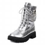 Žieminiai moteri&scaron;ki ankle boots sidabriniai auksiniai blizgučiai PU vidutinio storio kulniukai briti&scaron;ki kasdieniai vakarėlio moteri&scaron;ki rai&scaron;teliais punk kaukolės grandinėlės trumpi batai 35 sidabras
