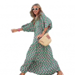 Moteri&scaron;ka suknelė bohemi&scaron;ko stiliaus V formos i&scaron;kirpte, burbulinėmis rankovėmis, A formos, didelėmis sūpynėmis, klostuota spauda, ​​iki blauzdos vidurio, paplūdimio atostogų suknelė XXL žalia