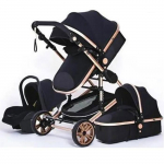 BAZARLAND30.Poussette 3 en 1 B&eacute;b&eacute; Combin&eacute;e Si&egrave;ge-Auto Nacelle Trio R&eacute;versible Haute Qualit&eacute; Roues increvables Canne.Noir et or juoda