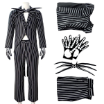Jack Skellington Helovino kostiumų rinkinys vyrams, &bdquo;The Nightmare Before Christmas&ldquo; Cosplay apranga, apima kombinezoną, pir&scaron;tines, kaklarai&scaron;tį, &scaron;ventinės vakarėlio aprangą L balta/juoda
