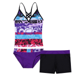 Little Big Girls, 3 dalių maudymosi kostiumėlis, gėlėtas tankini bikinio rinkinys, vaiki&scaron;kas apatinis trikotažas su trumpais &scaron;ortais 7-8 Years violetinė