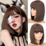 MISS WIG sintetinio pluo&scaron;to trumpi tiesūs Bob perukai su kirpčiukais, balti rausvai rudi natūralūs plaukai moterims kasdieniam dėvėjimui Cosplay 30 cm
