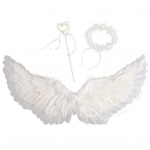 1 rinkinys Helovino angelo kostiumo rinkinys Dirbtinės plunksnos baltos sparnelės plaukams lankelis trijų dalių kaukių rinkinys Cosplay vakarėlio rekvizitai Angelo sparnų rinkinys S balta
