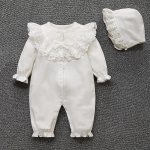 Pavasariniai naujagimių mergaičių rūbai nėriniuoti gėlėmis princesės kombinezonas + kepurės kūdikių mergaičių kombinezonai Onesie 6-9m balta