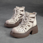 &bdquo;Johnature Retro&ldquo; tikros odos storu padu suvarstomi romėni&scaron;ki sandalai 2023 m. Vasaros nauji apvalūs pir&scaron;tai i&scaron;kirpti Moteri&scaron;ki batai su storu kulnu 40 smėlis