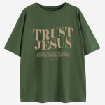 &bdquo;Trust Jesus Christian&ldquo; dideli mar&scaron;kinėliai &bdquo;He Who Believes In Me&ldquo; Laisvi mar&scaron;kinėliai, moteri&scaron;ki madingi laisvalaikio medvilniniai estetiniai vir&scaron;utiniai drabužiai L