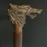 Lazda, vilko galvutė, varinė senovinė metalinė rankena, medinė vintažinė lazda
